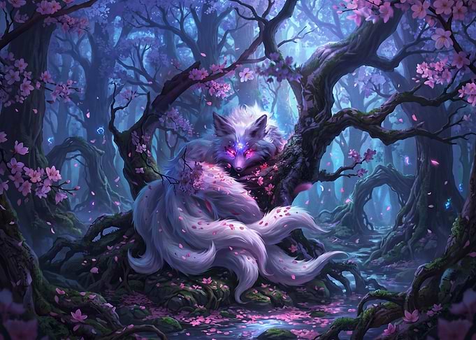 Magical Fox in Cherry Blossom Forest