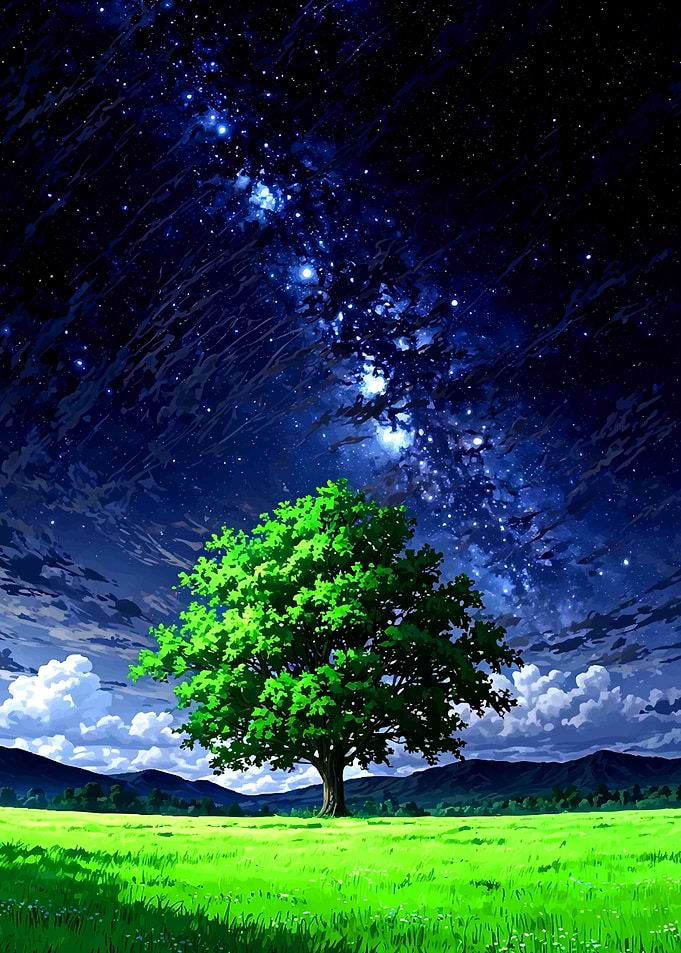 Vast Night Sky Over a Lone Tree