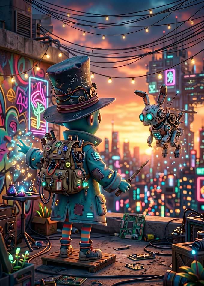 Steampunk character with robot bunny
