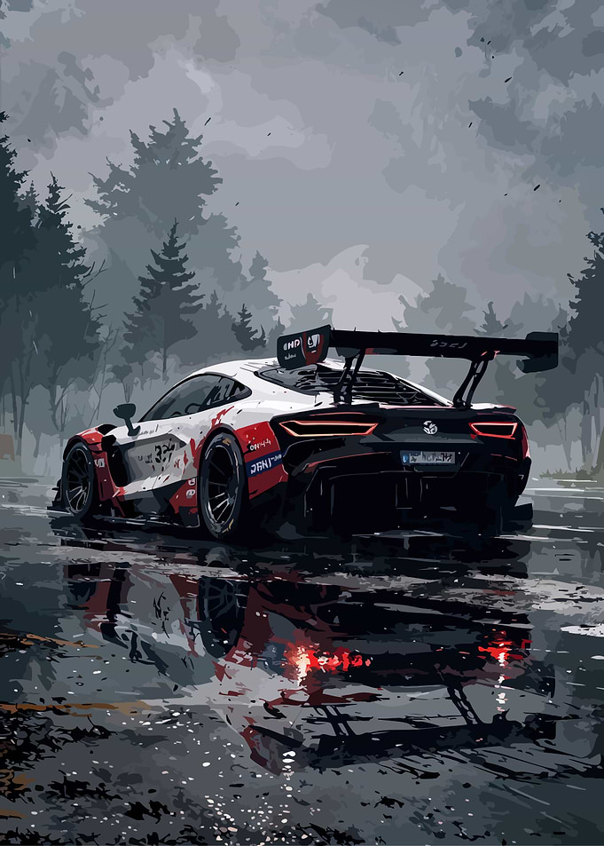Racing Car on Wet Road
