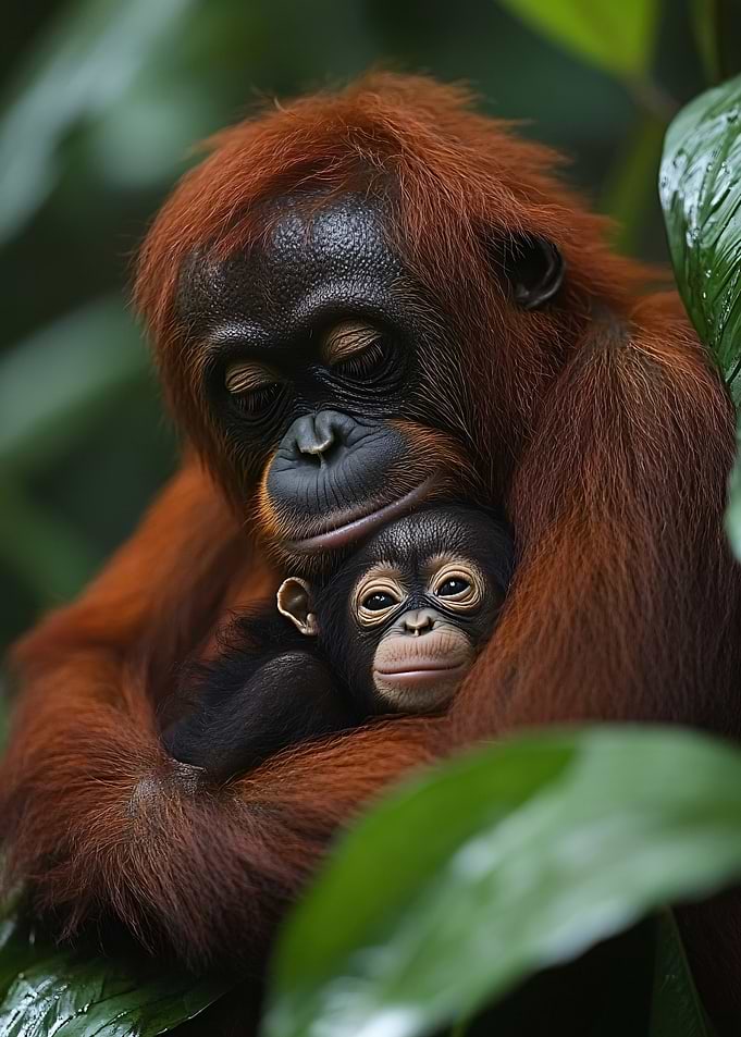 Mother Orangutan Hugs Baby