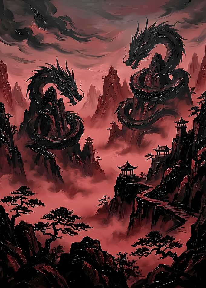 Two Dragons in a Misty Mountain Landscape