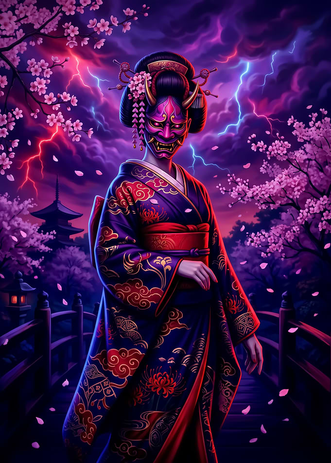 Geisha with Oni Mask and Lightning