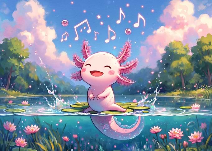 Cute Axolotl Singing in a Pond