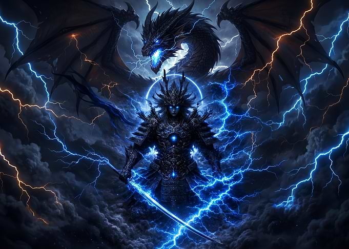 Dragon and Warrior in Lightning Storm