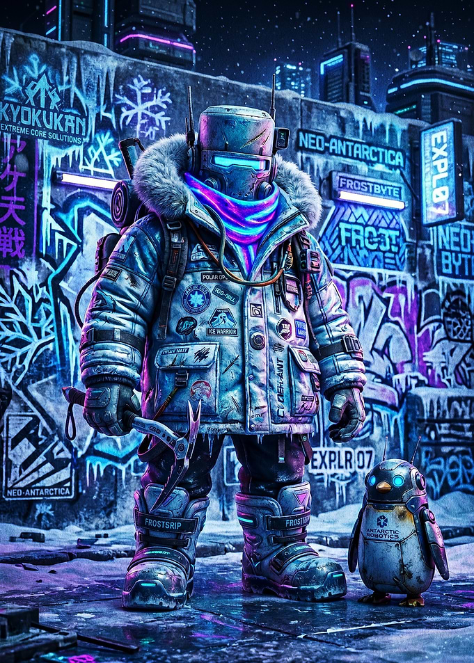 Cyberpunk Robot Explorer and Penguin Companion