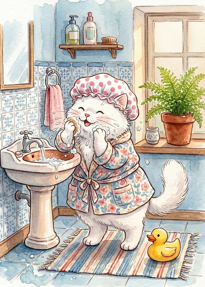 Cute Cat in Bathrobe and Shower Cap