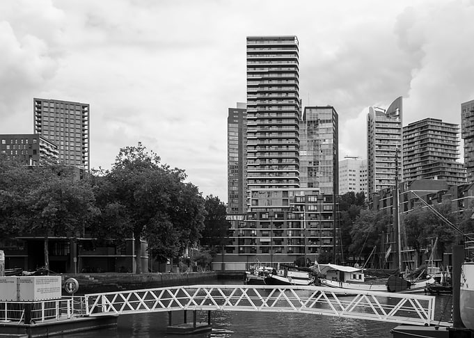 Modern Cityscape with Canal and Bridge