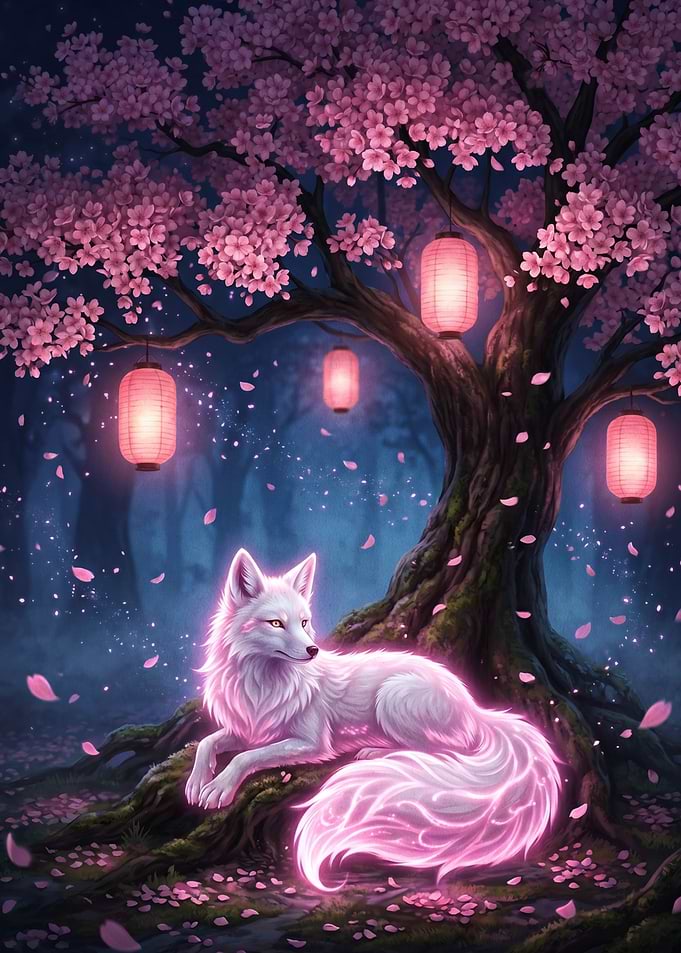 Enchanted Fox Under Cherry Blossoms