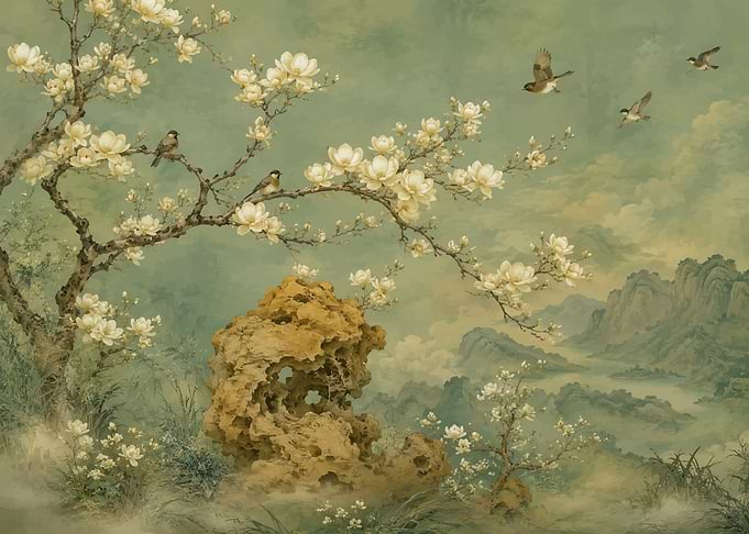 Birds and Blossoms in a Misty Landscape