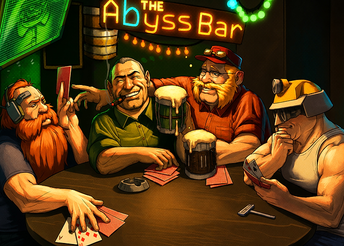 Dwarves playing cards at The Abyss Bar