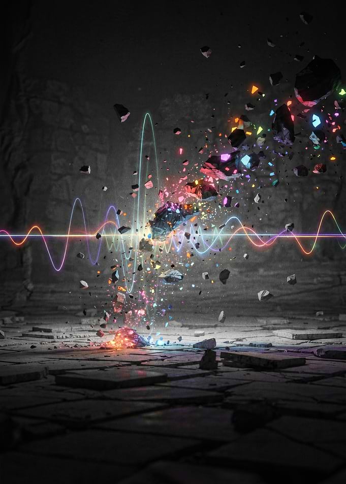 Explosion of Colorful Shards and Sound Waves