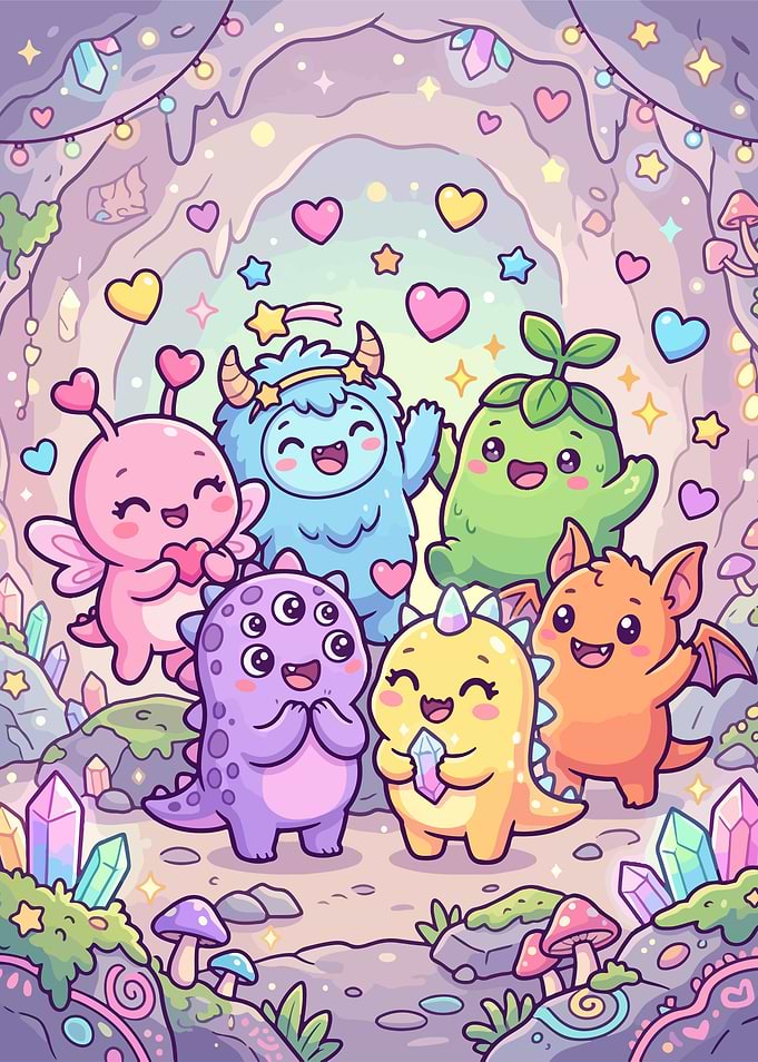 Cute Monsters in a Crystal Cave