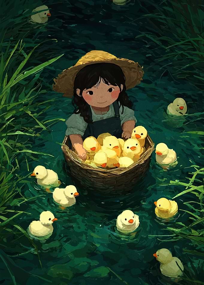 Girl with Ducklings in a Basket