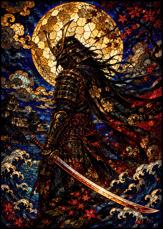 Samurai Warrior Under a Full Moon