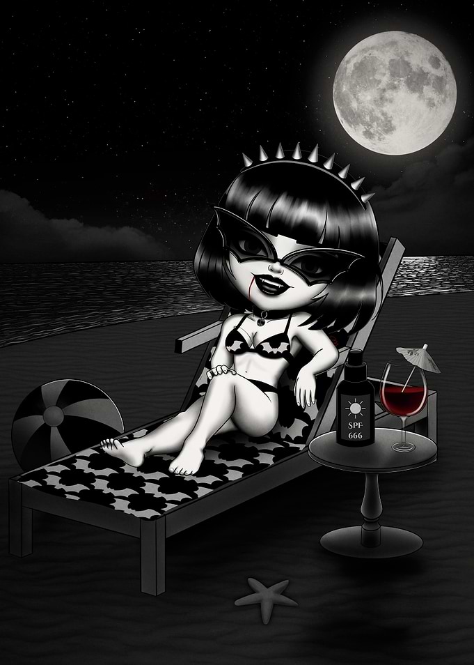 Gothic Vampire on a Moonlit Beach - Chibi Ossi