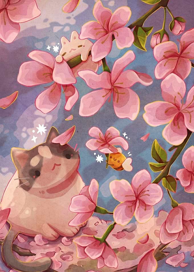 Cute Cat and Bee Among Cherry Blossoms