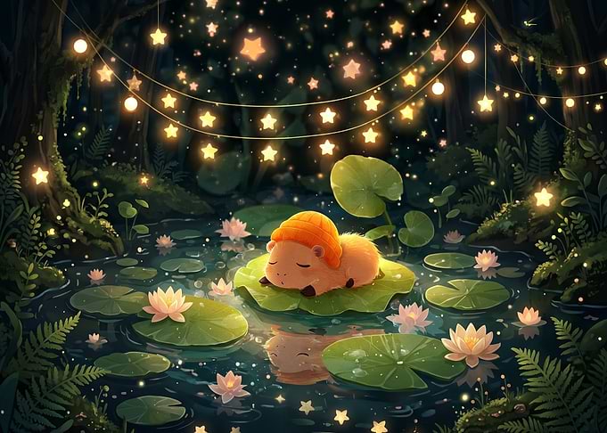 Cute Capybara Sleeping on Lily Pad