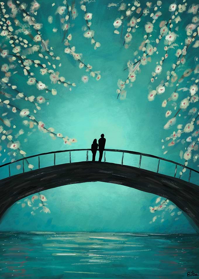 Bathing in Blue | Couple on Bridge Under Cherry Blossoms