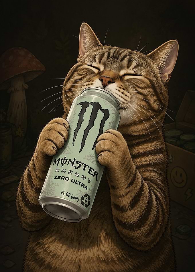 Cat drinking Monster Energy Zero Ultra