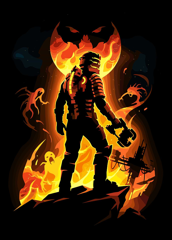 Isaac Clarke in a fiery hellscape