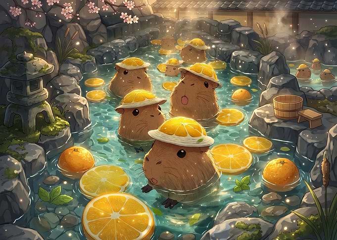 Capybaras Enjoying an Orange Spa Day