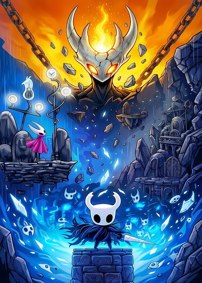 Hollow Knight Characters in Fiery and Icy Worlds