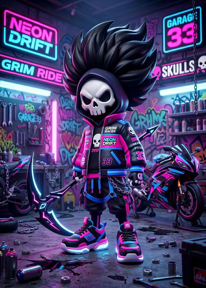 Neon Grim Reaper in Garage