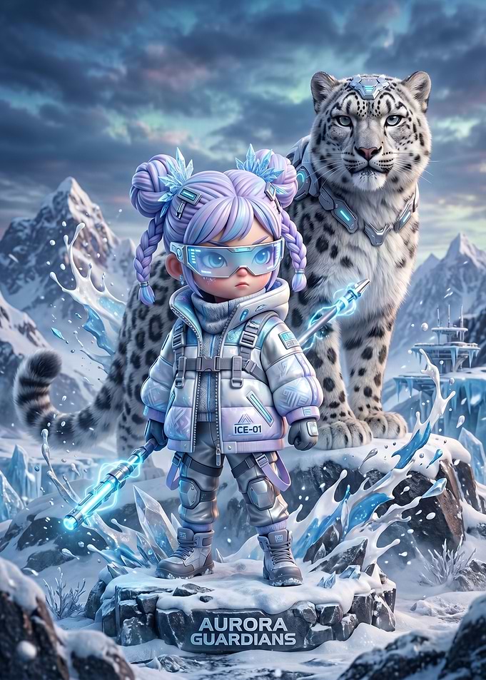 Cute Futuristic Girl with Snow Leopard
