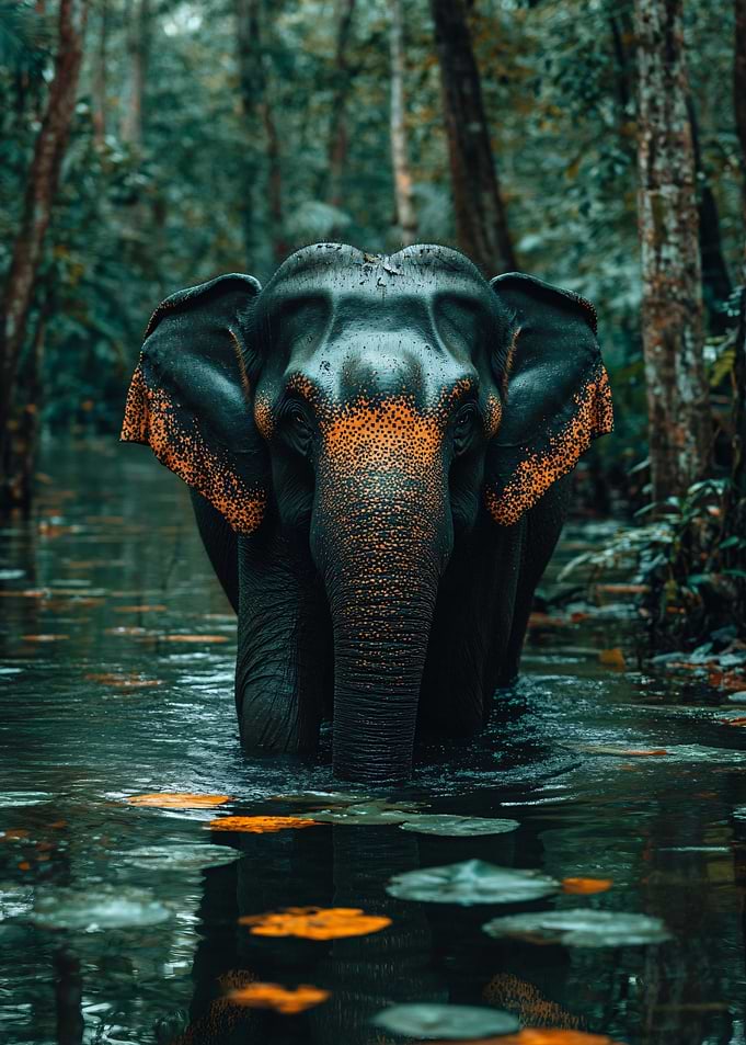 Elephant in a Lush Forest Stream
