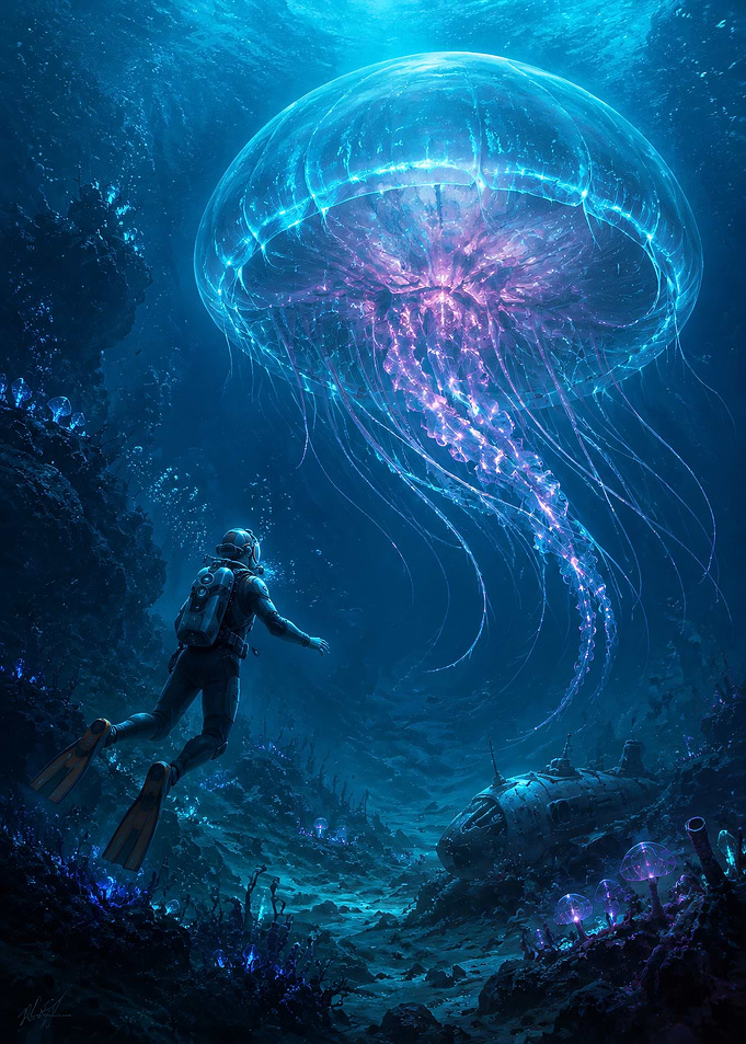 Scuba Diver Encounters Giant Bioluminescent Jellyfish