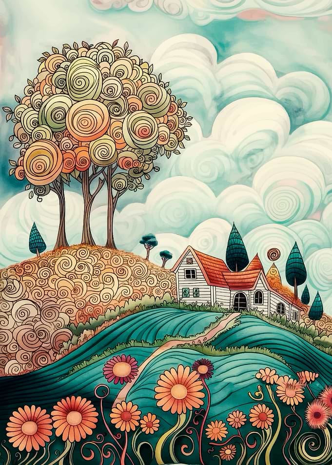 Whimsical Countryside Landscape with Swirling Clouds