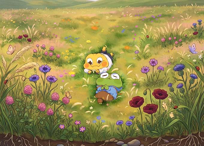 Cute Frog and Bee in a Flower Field