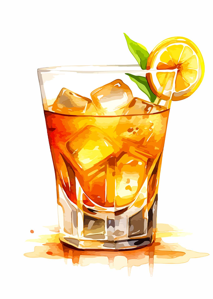 Watercolor Cocktail with Lemon and Ice