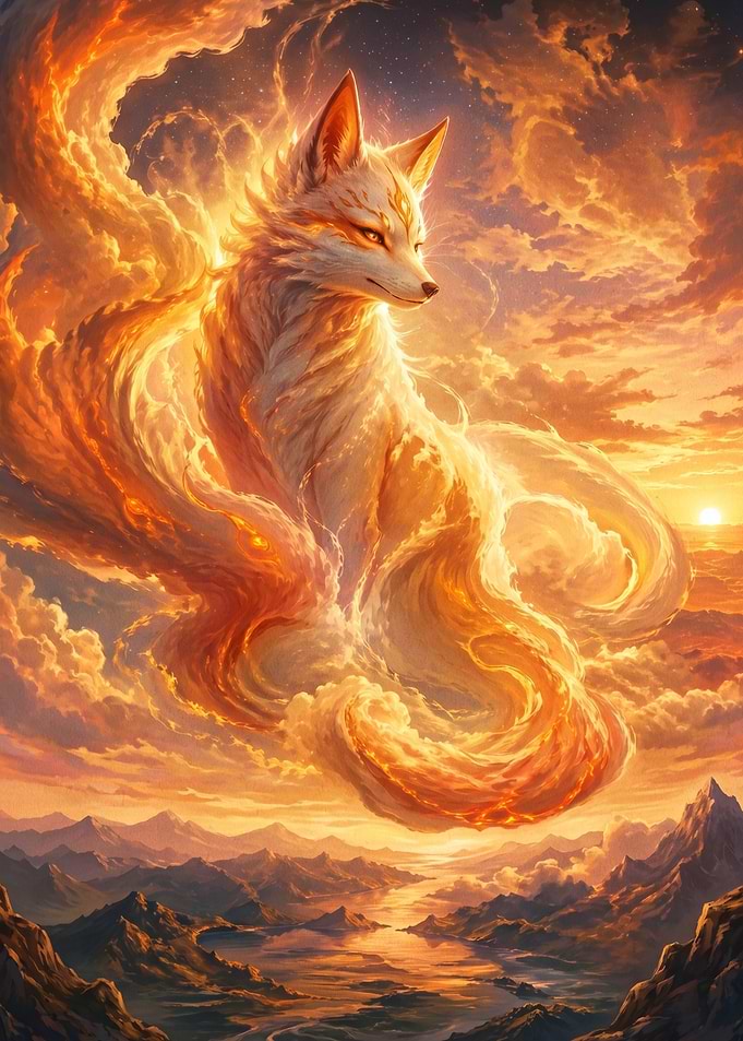 Fiery Fox Spirit in Sunset Sky