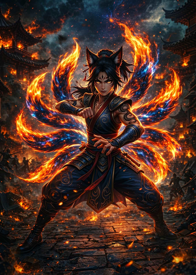 Fiery Kitsune Warrior in Battle
