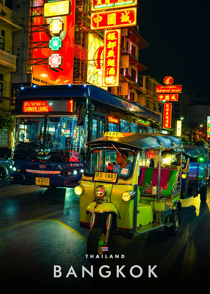 Bangkok Tuk-Tuk and Bus at Night