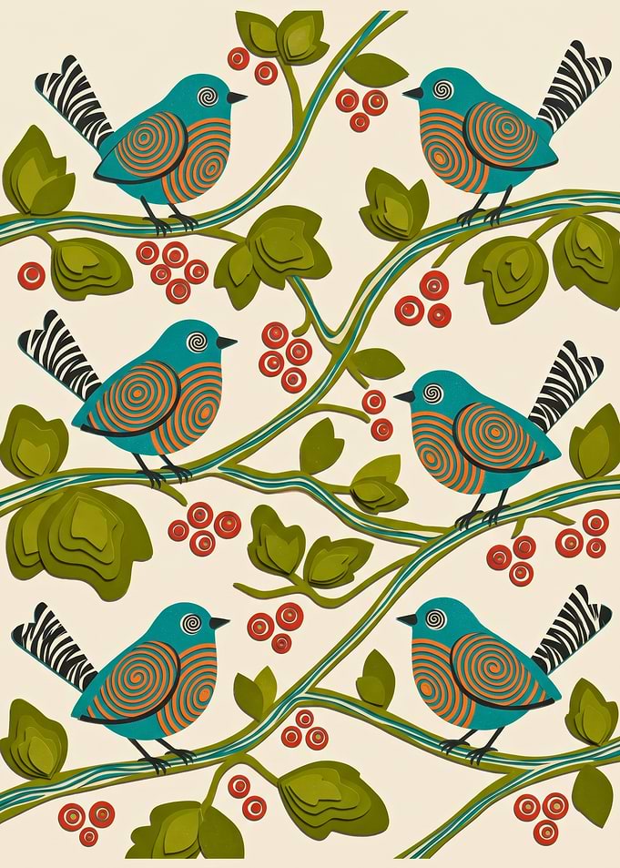 Blue Birds Green Branches Red Berries Folk Illustration