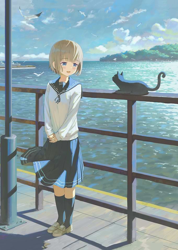 Anime Girl and Cat by the Sea