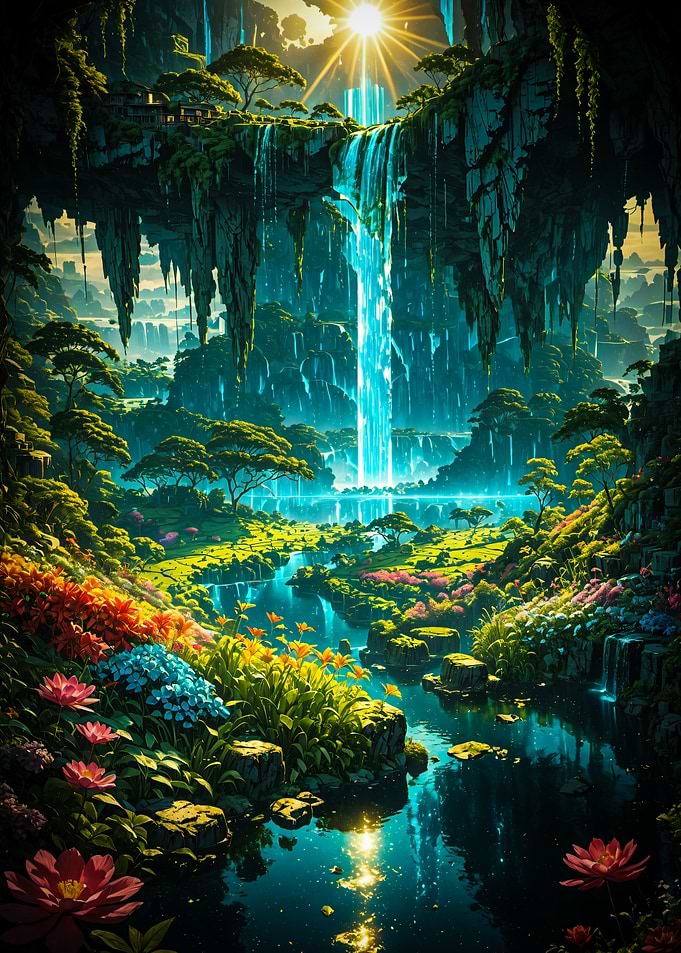 Fantasy Ancient Forest Scenery Nature Waterfall Landscape