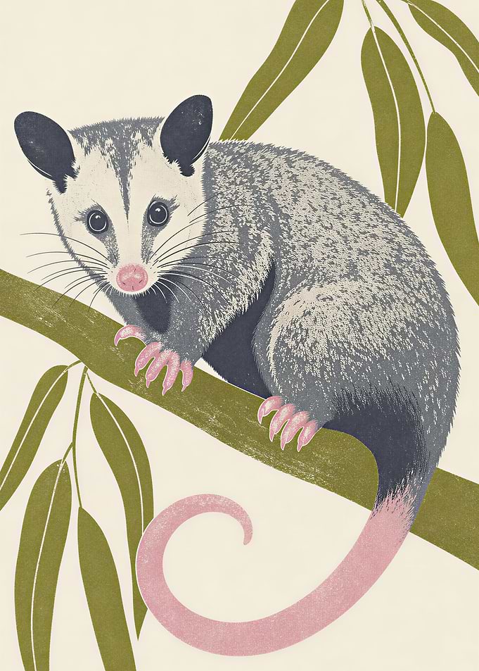 Opossum on a Branch with Leaves