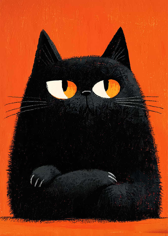 Grumpy Black Cat with Orange Background
