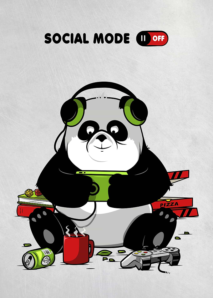 Panda gamer with pizza and soda