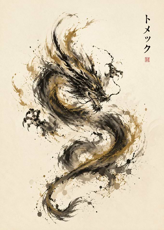 Ink Dragon Painting with Japanese Text
