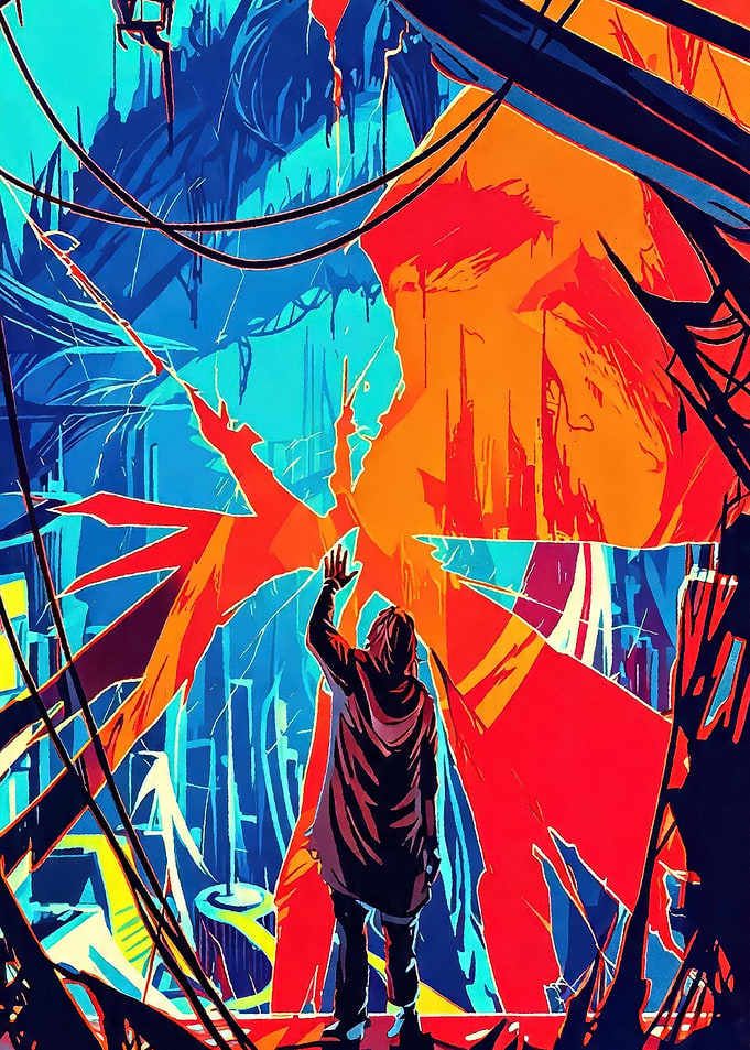 Person Reaching Towards Abstract Portal