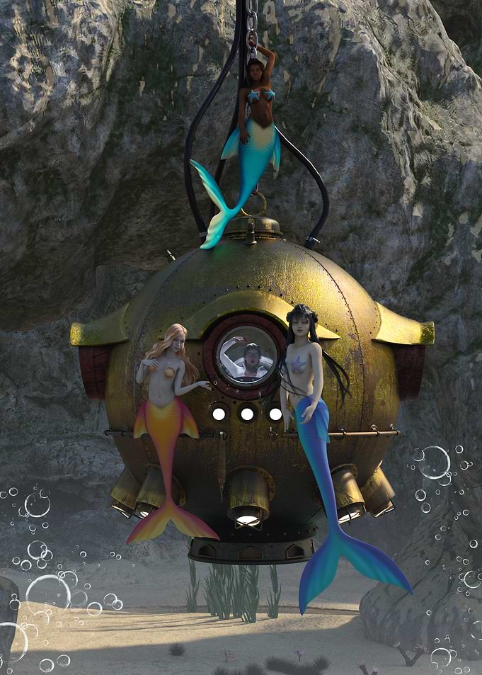 Mermaids and Submarine in Underwater Cave