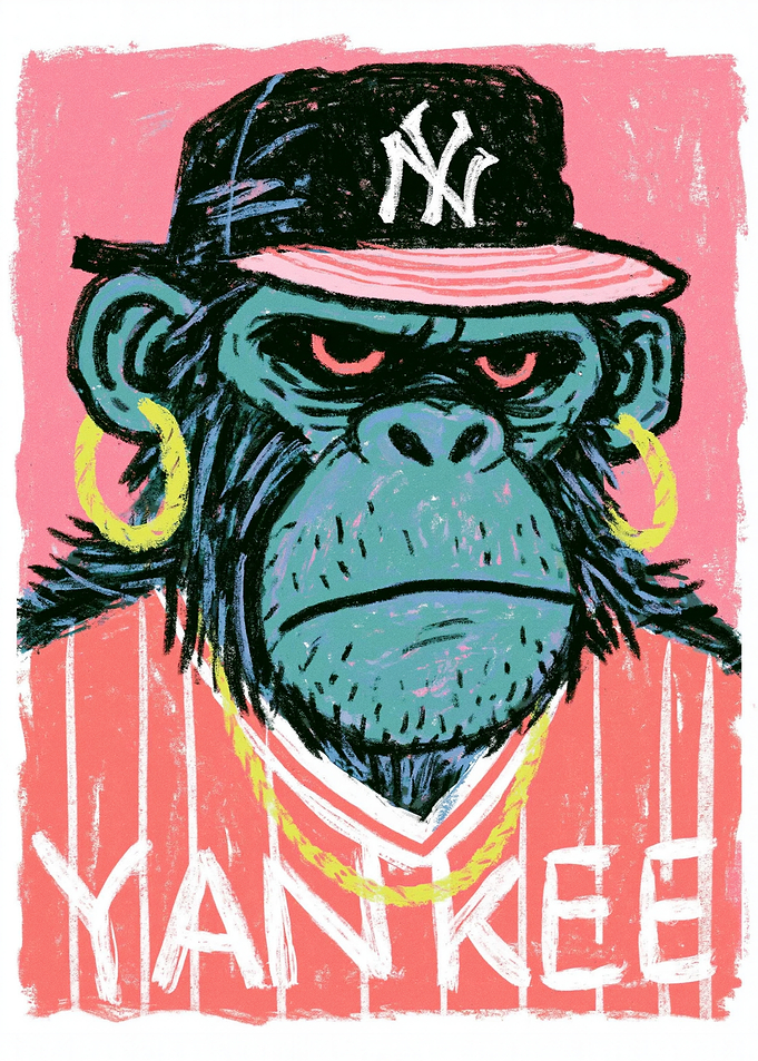 Gorilla wearing Yankees hat and jewelry