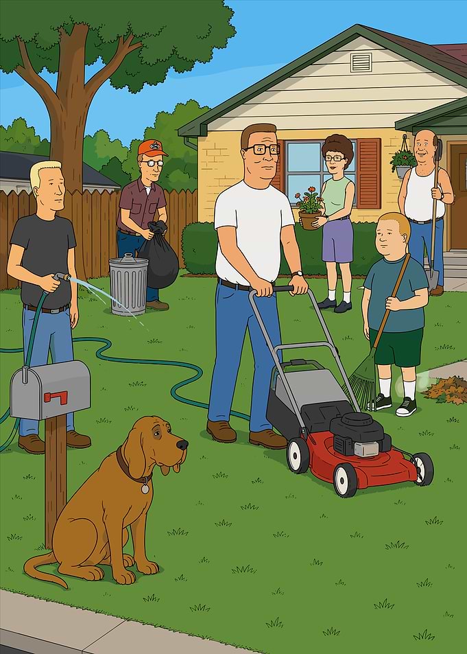 King of the Hill characters doing yard work
