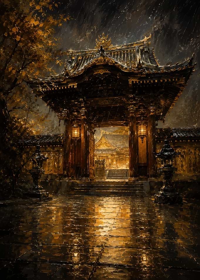 Japanese Temple Gate in Rain