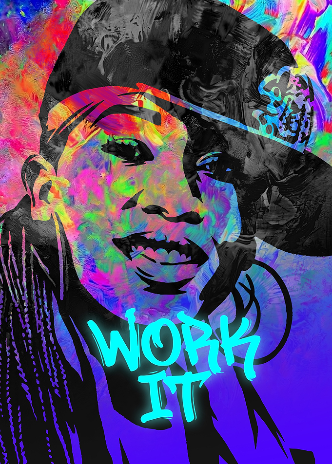 Vibrant Portrait with 'Work It' Text